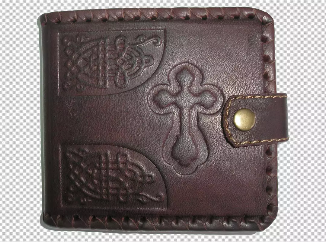 Elegant Dark Brown Leather Wallet with Embossed Celtic Cross and Knot Designs