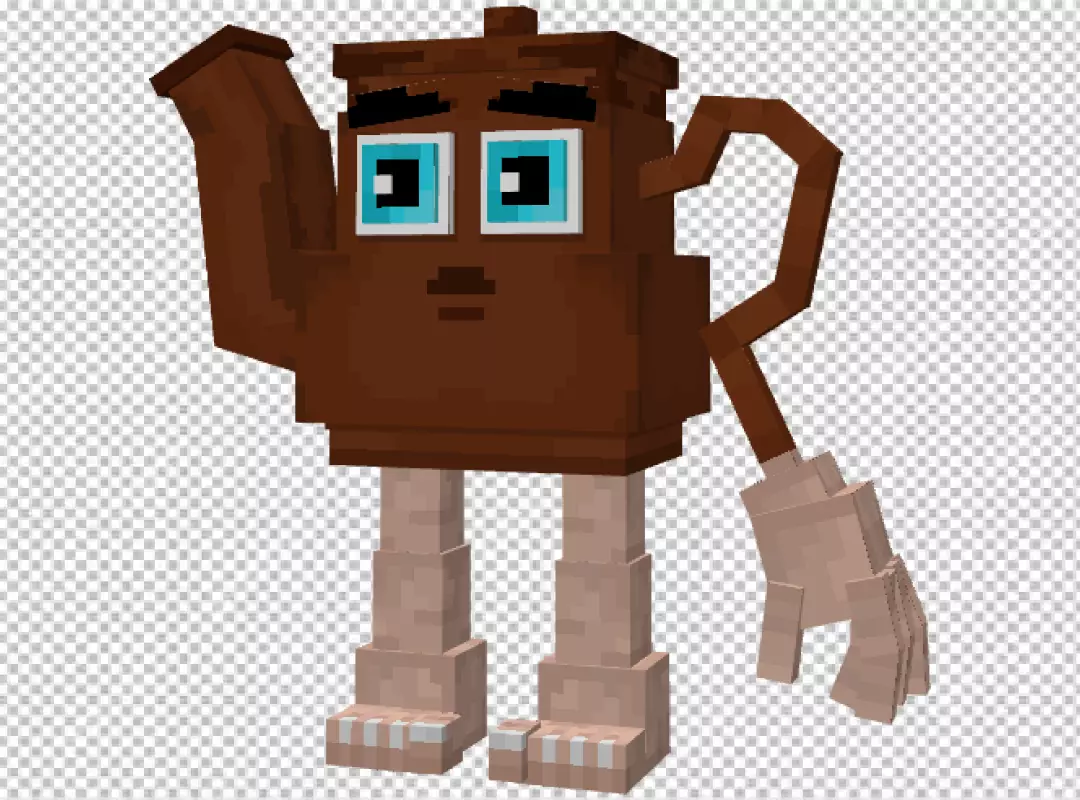 Playful Brown Blocky Teapot Character Waving with Expressive Blue Eyes