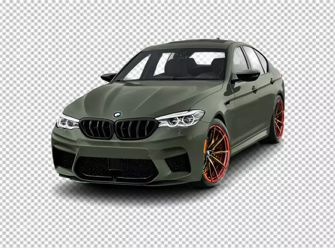 Sleek Military Green BMW Sedan with Distinctive Orange and Gold Performance Wheels