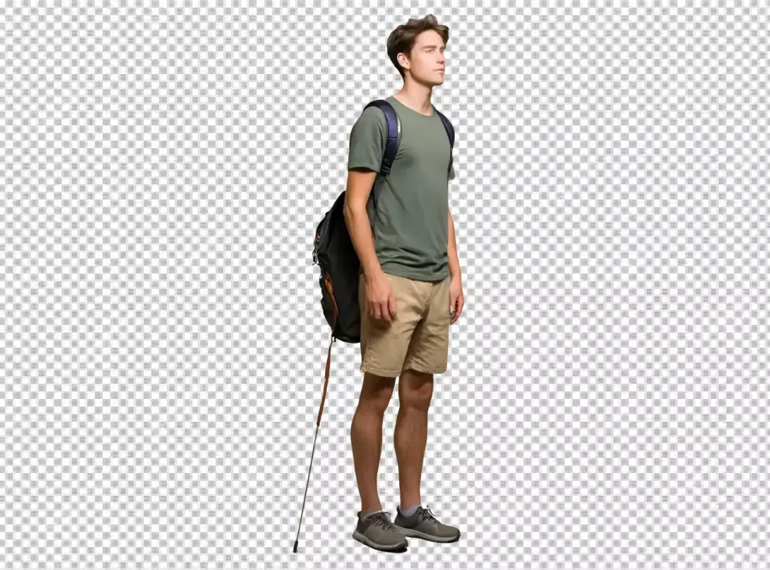 Focused Young Man with Backpack and Trekking Pole Ready for Outdoor Adventure