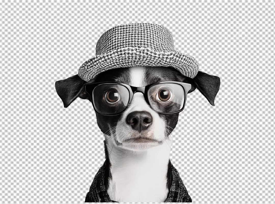 Fashionable Dog in Houndstooth Hat and Glasses Looking at Camera