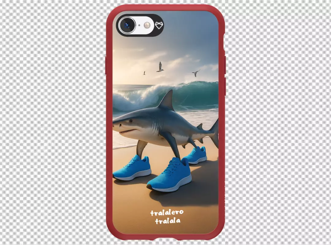 Smartphone with Red Case Displays Humorous Shark Wearing Blue Sneakers on a Sunny Beach