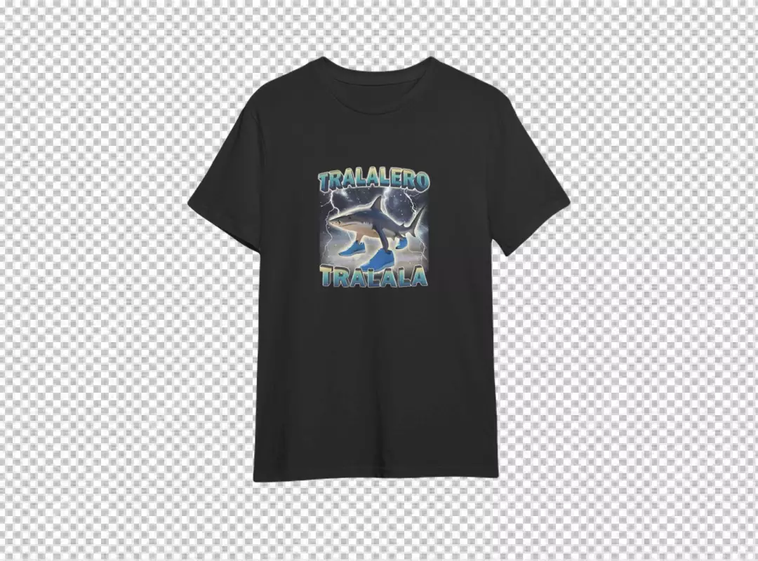 Black Graphic T-Shirt Featuring Shark in Blue Sneakers and 'Tralalero Tralala' Text