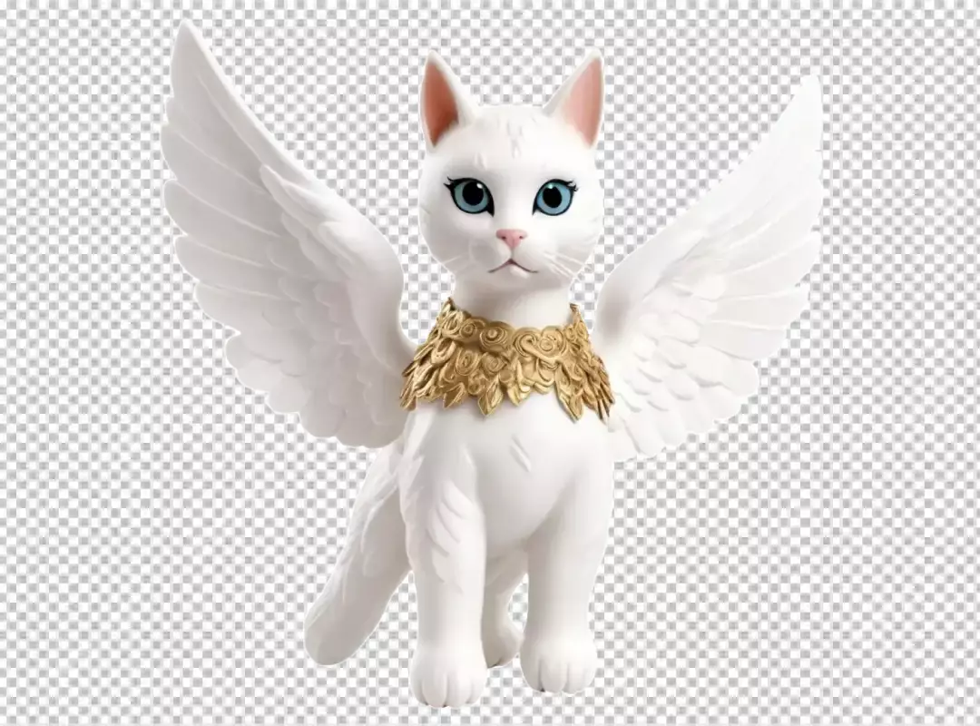 Elegant White Winged Cat Figurine with Golden Leaf Collar and Striking Blue Eyes