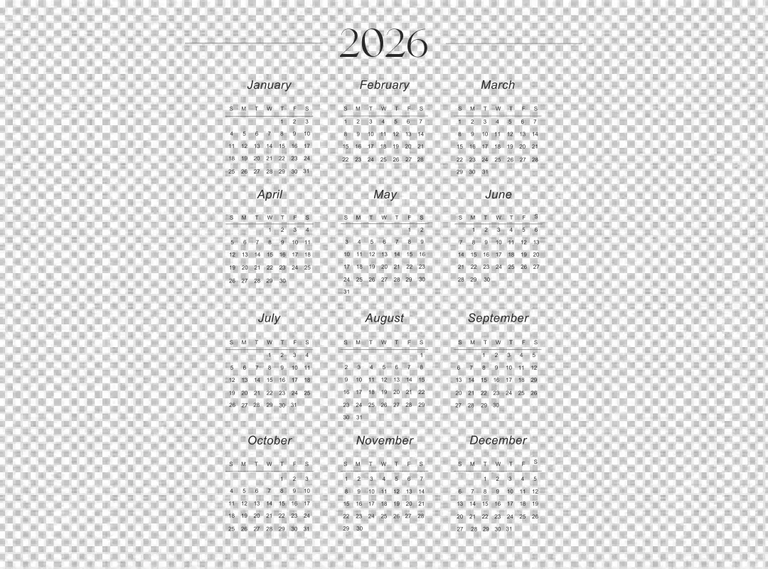 Modern 2026 Annual Calendar Grid with Dark Theme for Professional Planning
