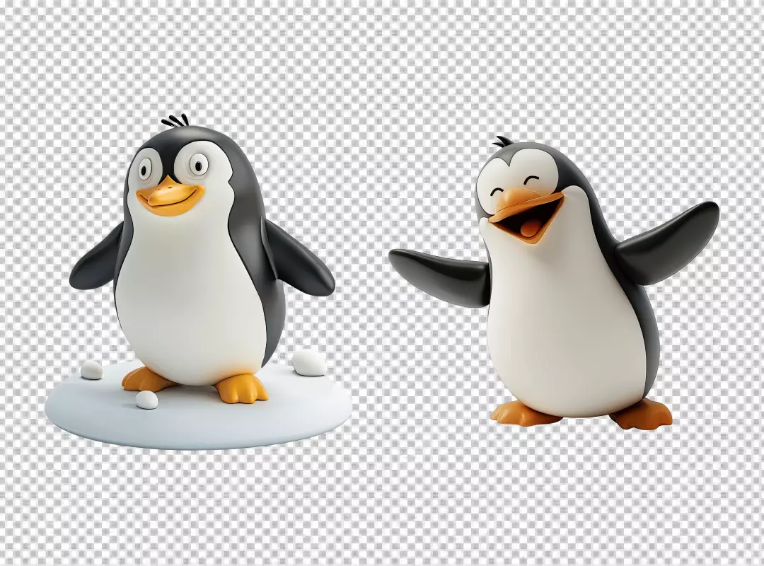 Two Cute 3D Cartoon Penguins Posing Happily on White Background