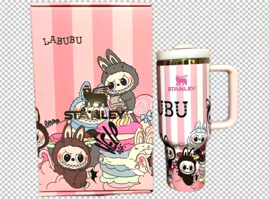 Pink Striped Labubu Stanley Drinkware with Whimsical Monster Illustration
