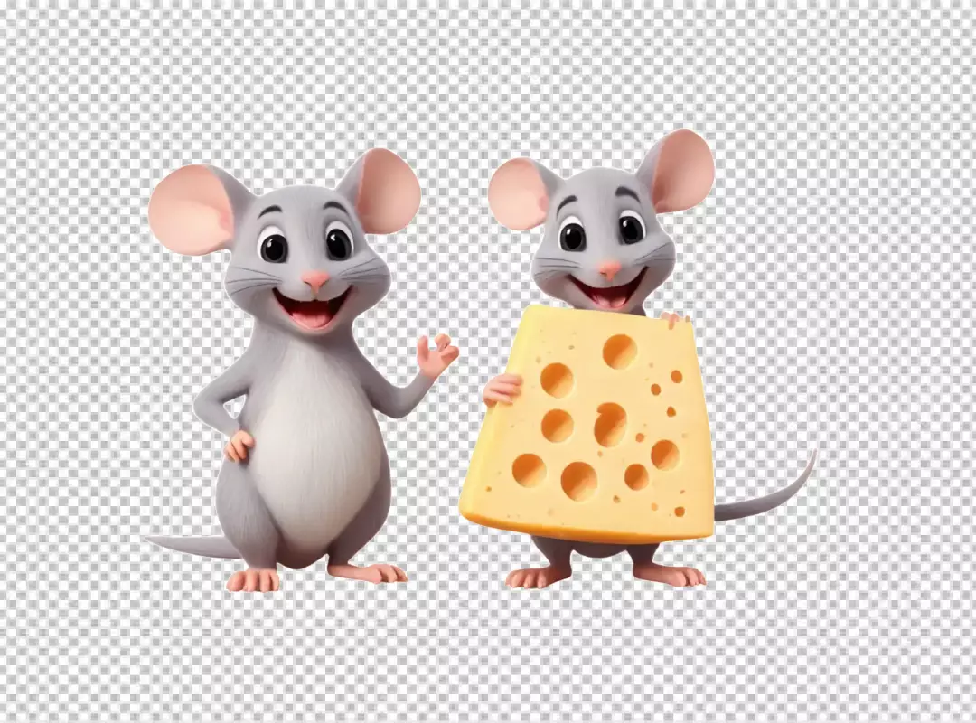 Two Adorable Cartoon Mice Characters, One Waving and the Other Presenting a Large Wedge of Swiss Cheese