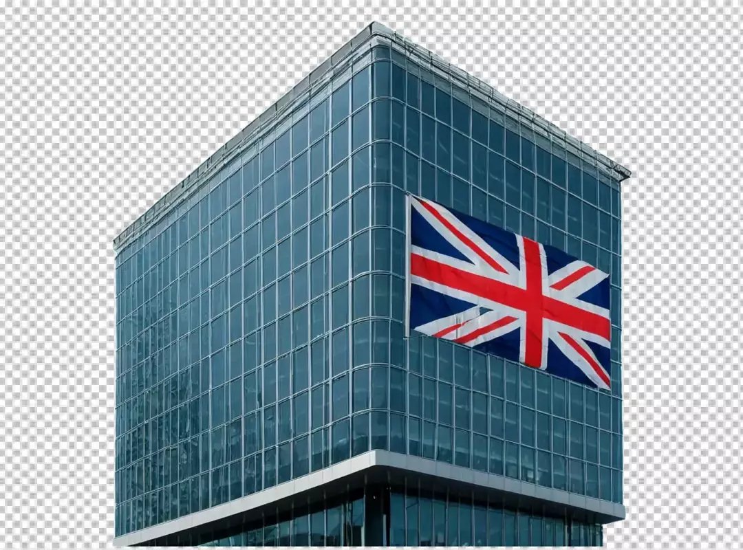 Modern Glass Building with Waving Union Jack Flag: Great Britain Business and Diplomacy
