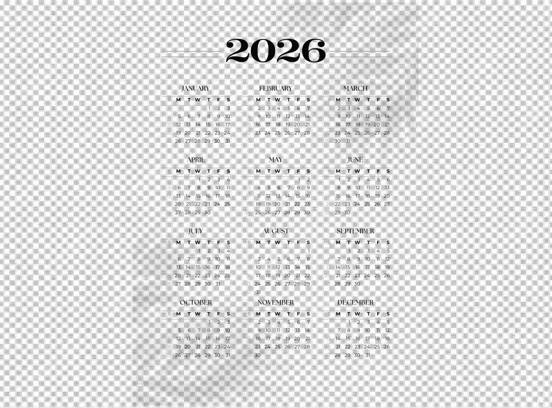 Elegant 2026 Annual Calendar Grid with Minimalist Design on Black Background