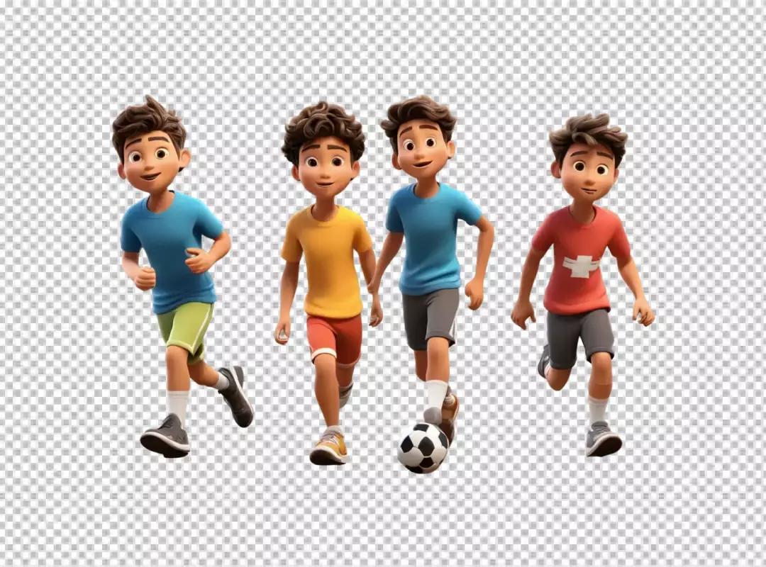 Cheerful 3D Animated Boys Playing Soccer: Running, Dribbling, and Teamwork on White Background