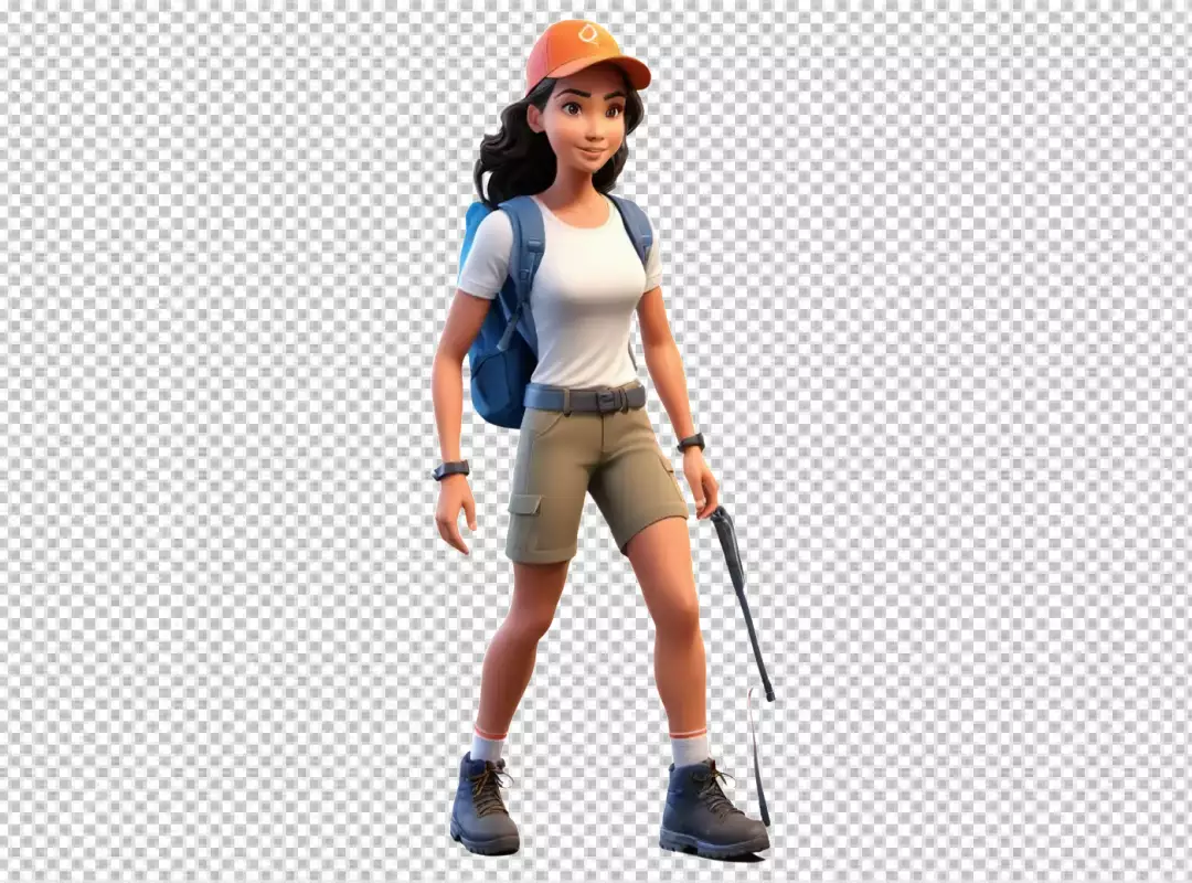 3D animated young woman hiker ready for adventure with backpack and trekking pole