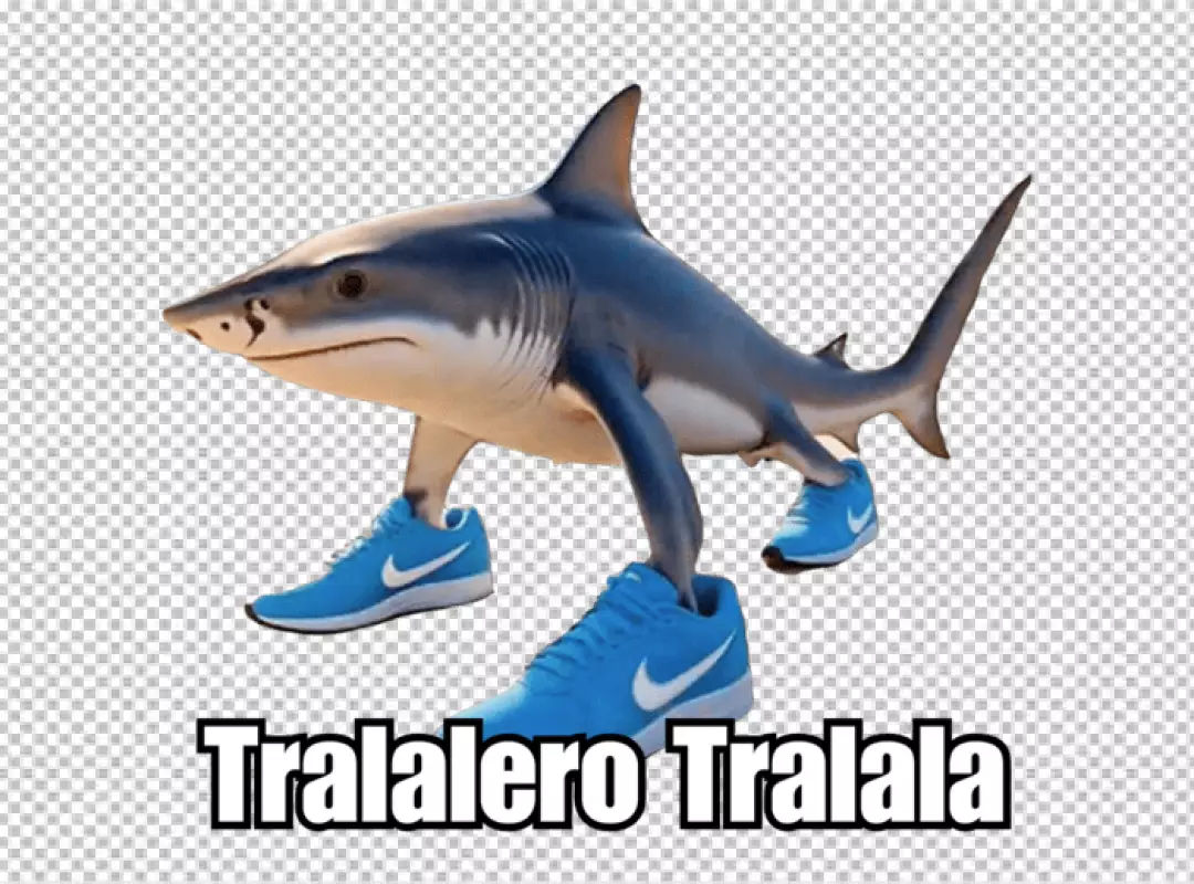Whimsical Shark Character Striding in Blue Athletic Shoes with Playful Text
