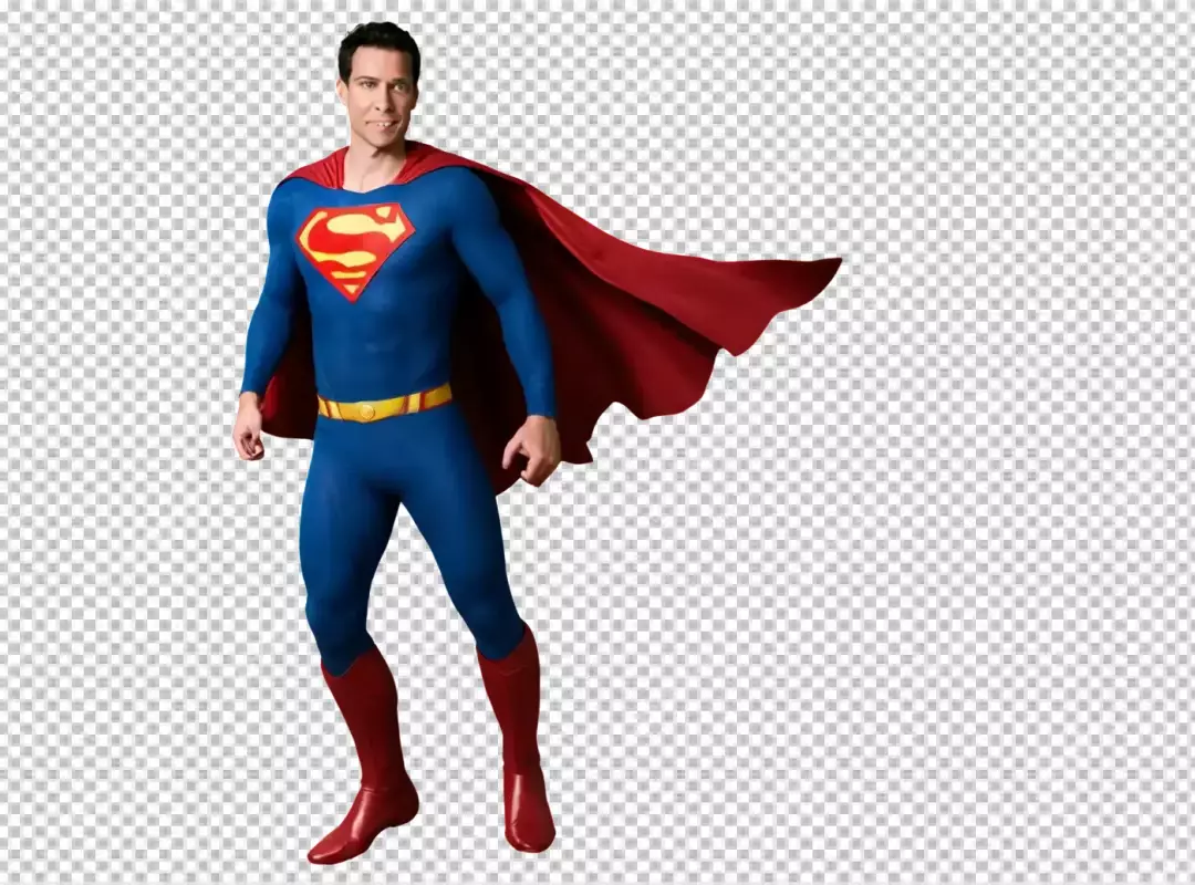 Confident Male Superhero in Classic Blue Suit with Dynamic Red Cape