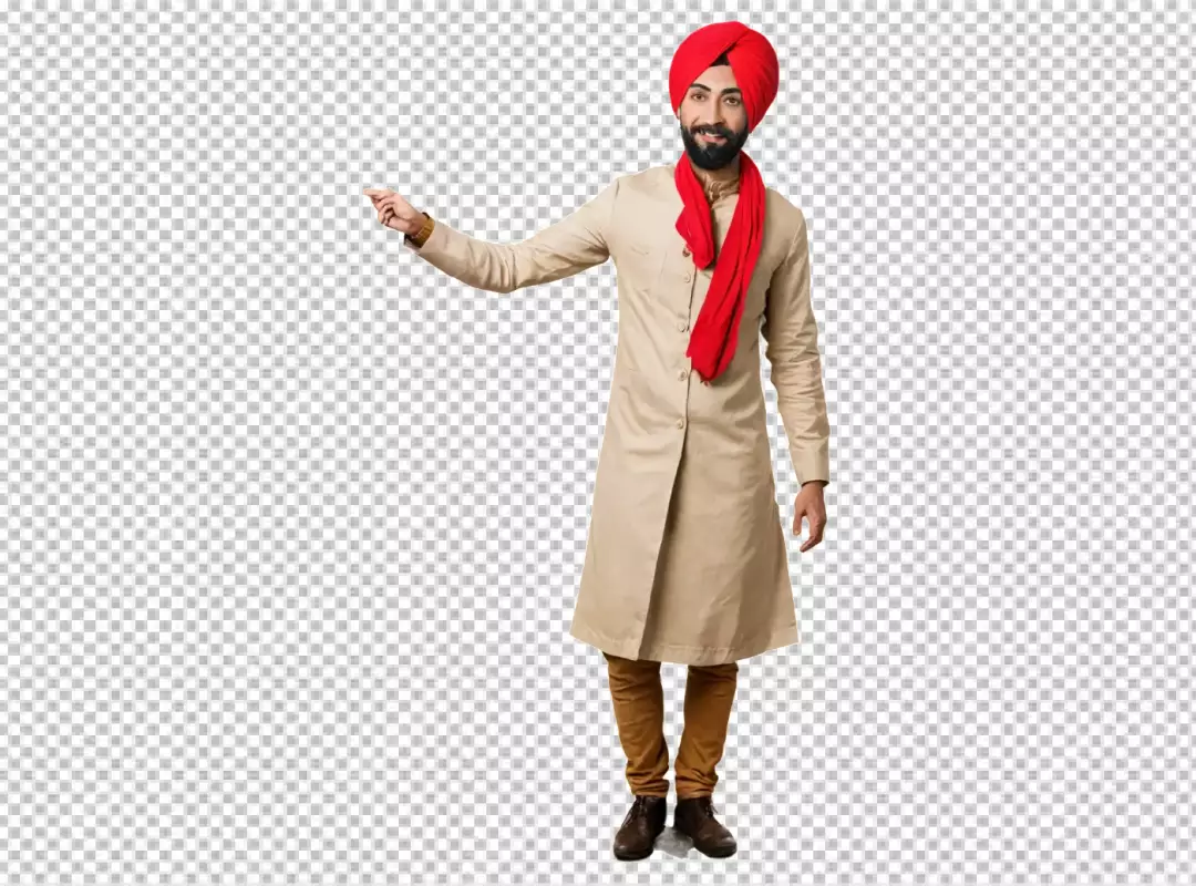 Smiling Young Punjabi Man in Traditional Turban and Kurta Gesturing Upwards