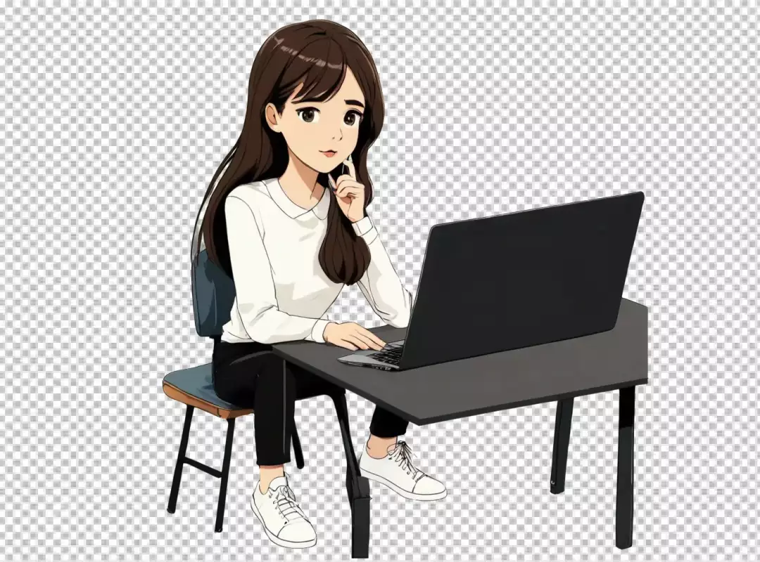 Anime Girl Studying Remotely, Focused on Laptop, Thoughtful Illustration