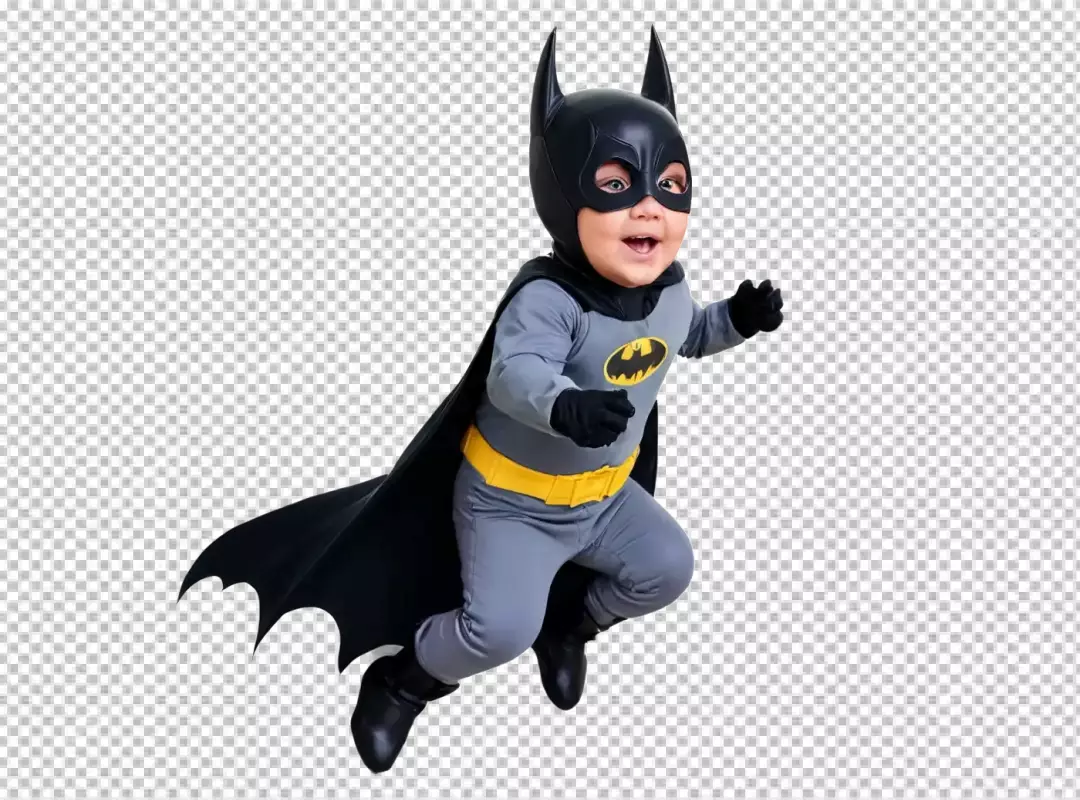Adorable Baby Boy in Classic Batman Superhero Costume Leaping with Joyful Expression