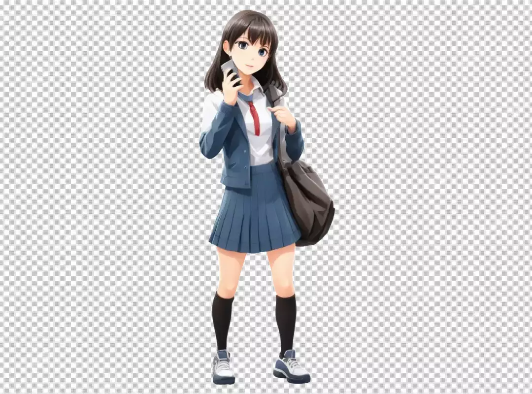 Anime Schoolgirl Engaged in Phone Call Wearing Traditional Blue Uniform with Bag