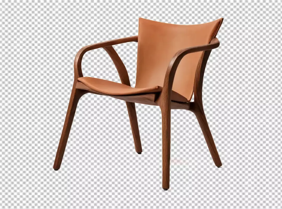 Elegant Modern Wooden Chair with Tan Leather Seat and Armrests on White Background