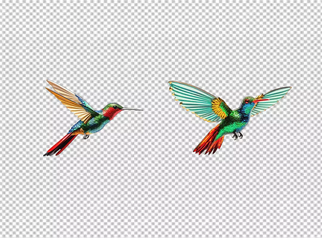 Vibrant Hummingbirds in Flight, Exotic Colorful Birds PNG Cutout