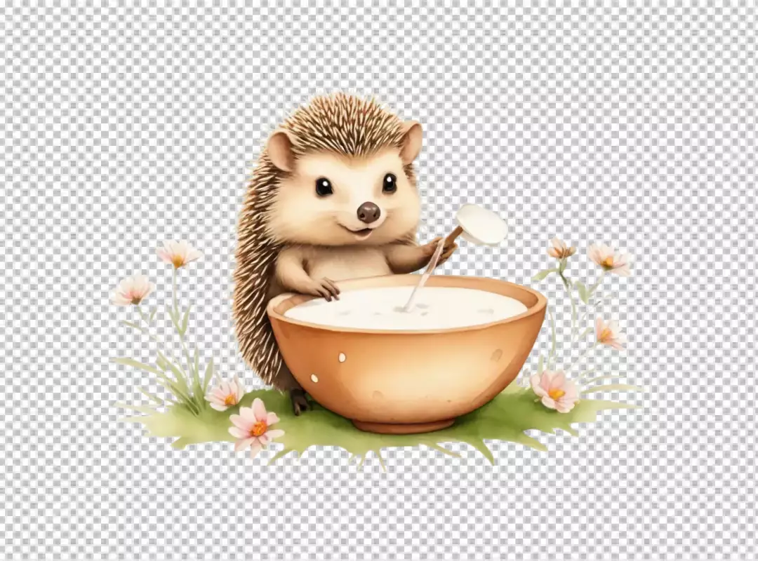 Cute Watercolor Hedgehog Stirring Milk in Bowl with Delicate Wildflowers Illustration