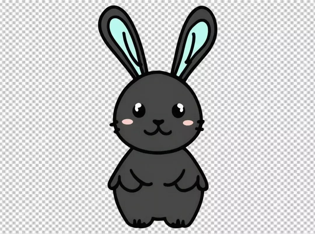 Adorable Black Cartoon Bunny Illustration with Cute Pink Cheeks and Blue Ears