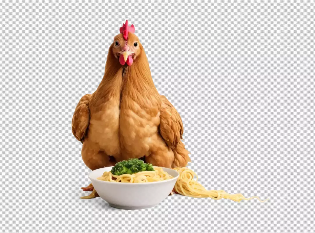 Quirky Brown Chicken Posing with Delicious Spaghetti and Fresh Broccoli