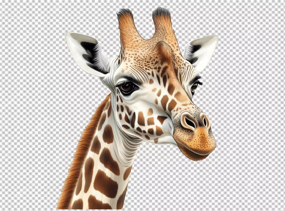Realistic Giraffe Head PNG Cutout with Detailed Spots for Design Projects