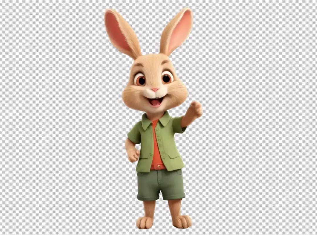 Joyful Cartoon Rabbit Mascot in Adventure Attire Pointing Confidently Ahead with a Smile