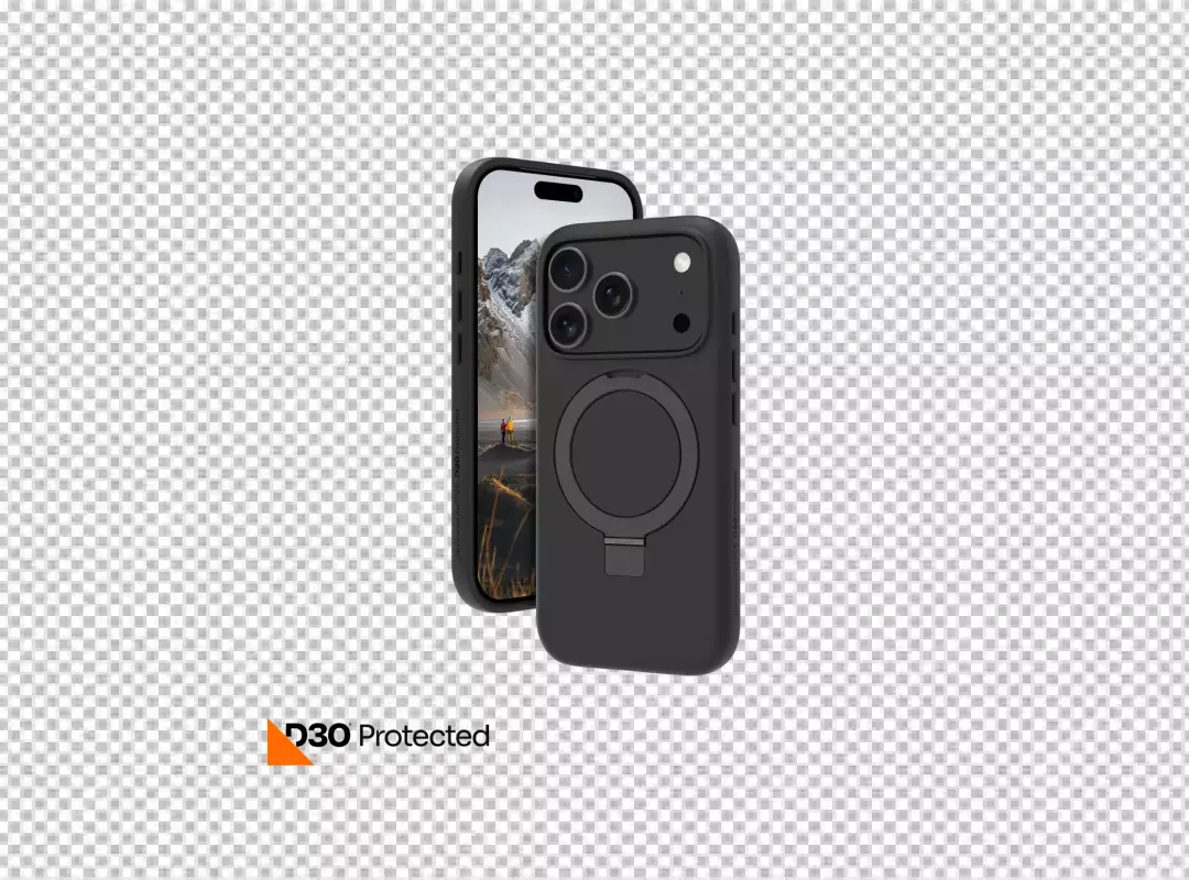 Black iPhone 15 Pro Max in Protective Case with Magnetic Ring Stand