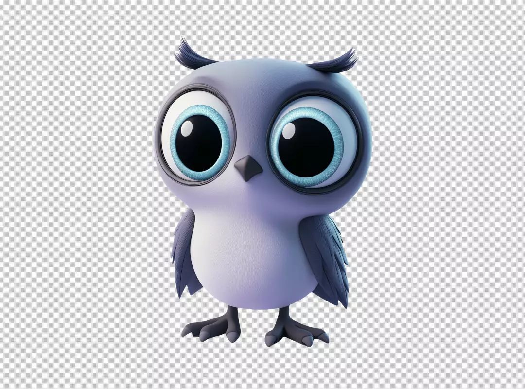 Cute Cartoon Owl Standing Front with Big Blue Eyes Adorable 3D Render