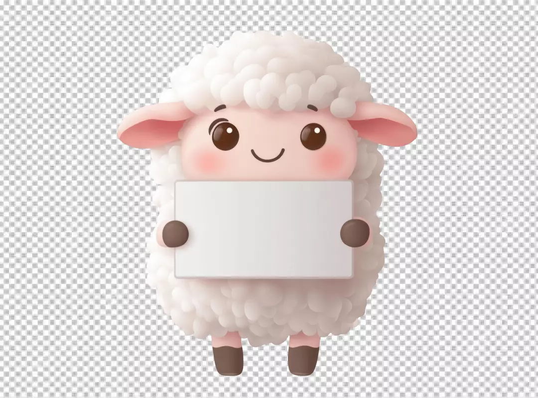 Cute Fluffy Sheep Holding Blank White Signboard for Message and Promotion Design