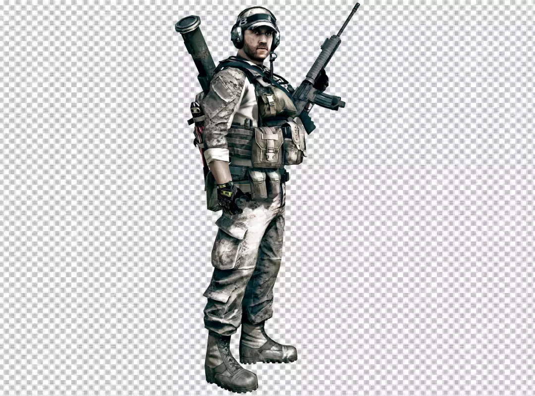 Fully Equipped Combat Soldier in Desert Camouflage with Rifle and Rocket Launcher
