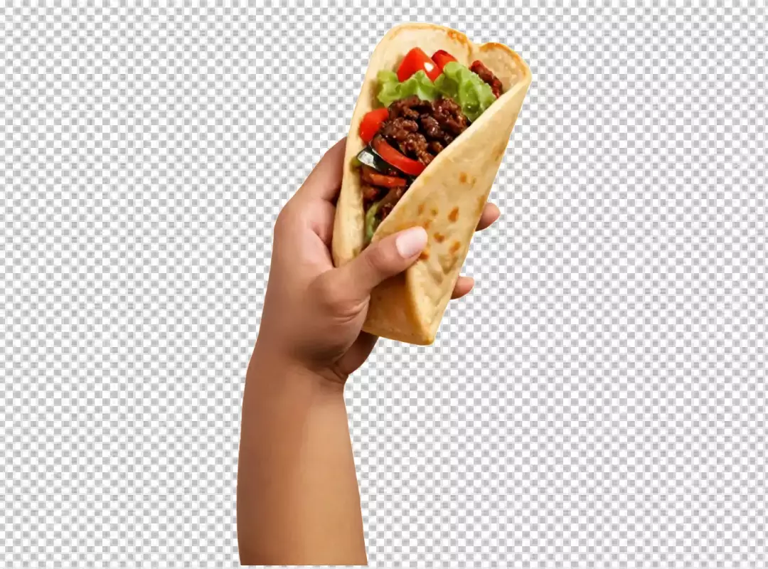 Hand Holding a Delicious Mexican Soft Taco Filled with Seasoned Meat and Fresh Vegetables