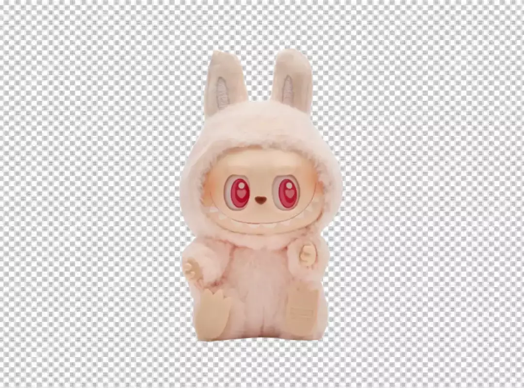 Whimsical Pink Furry Creature Doll with Bunny Hood and Bright Eyes