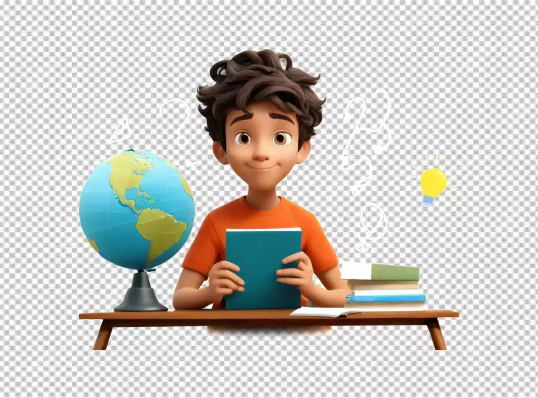3D Animated Boy Student Learning with Globe and Books, Sparking New Ideas