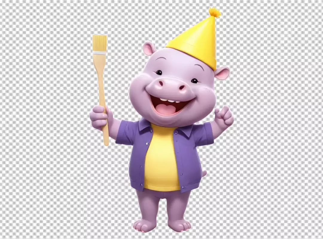 Cute Purple Hippo Mascot Joyfully Holding Paintbrush and Wearing Party Hat