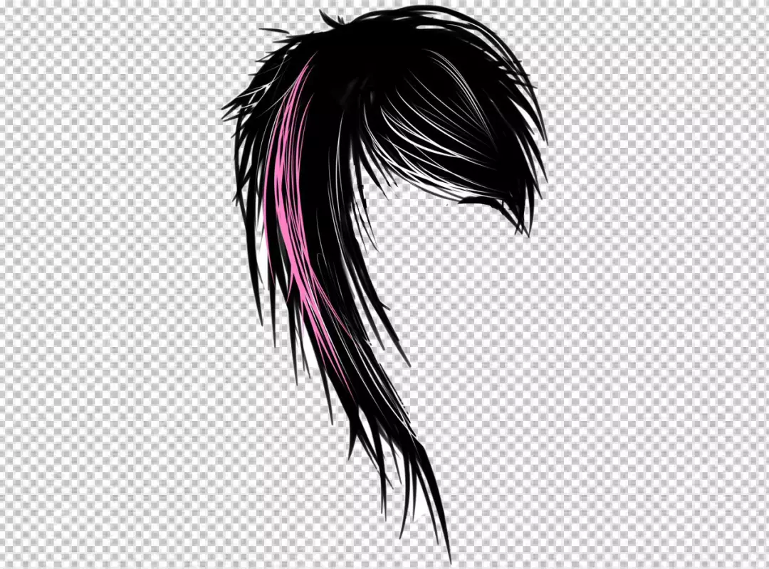 Dramatic Black Hair with Vibrant Pink Streak on Transparent Background