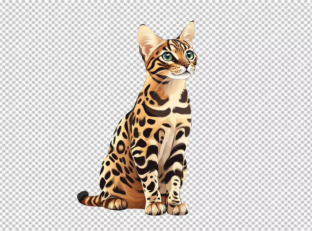 Vibrant Bengal Cat Sitting Illustration with Green Eyes