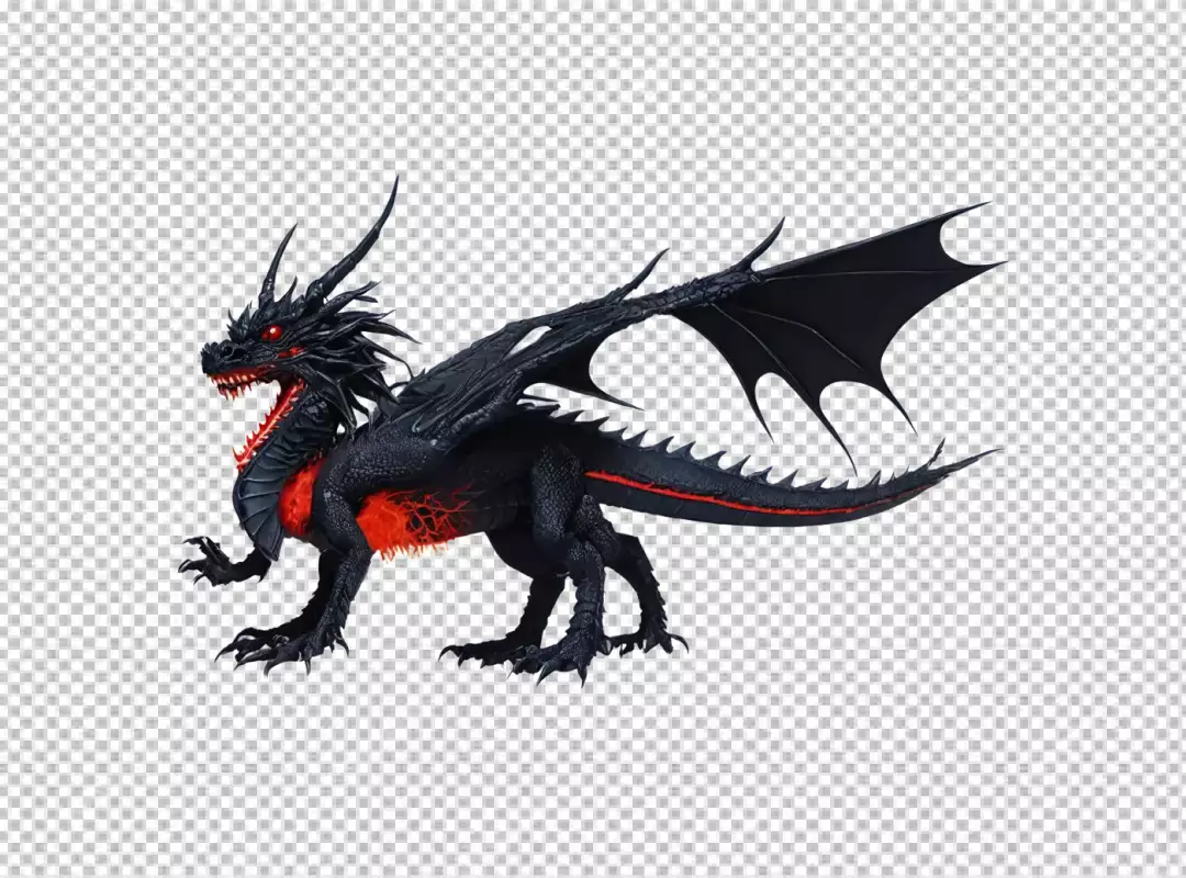 Menacing Black Dragon with Fiery Red Glow and Powerful Wings Isolated