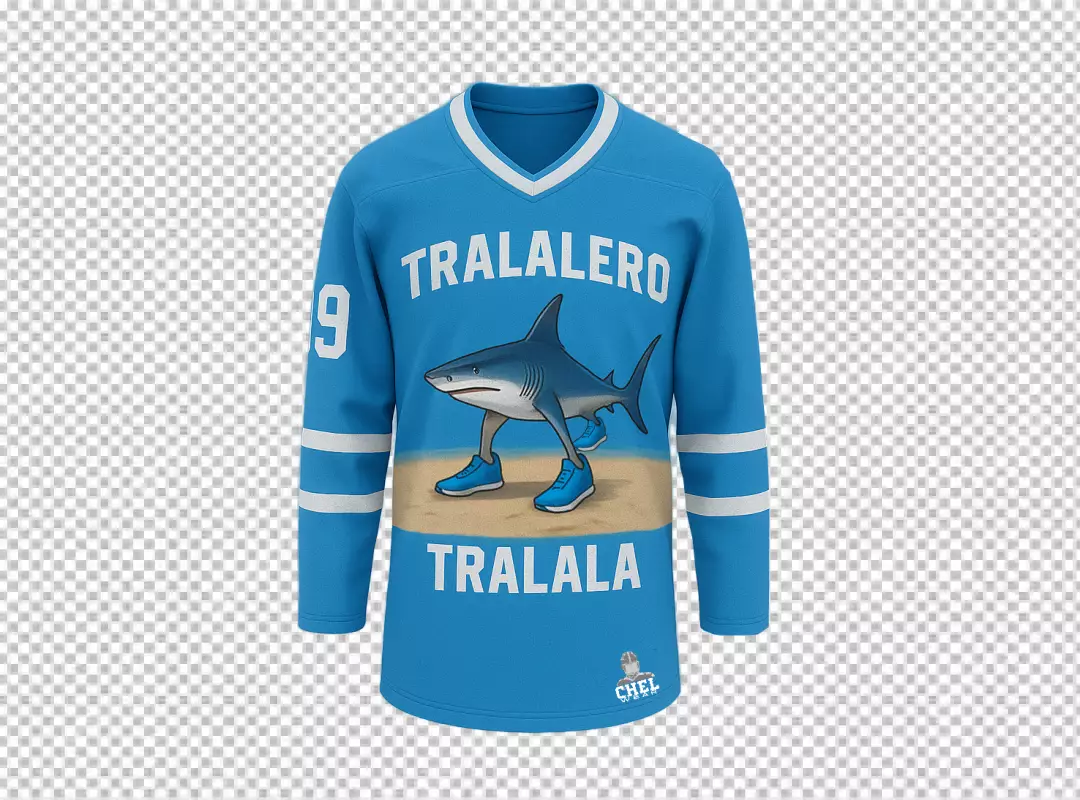 Funny Blue Sports Jersey Featuring Cartoon Shark in Sneakers on Sandy Beach