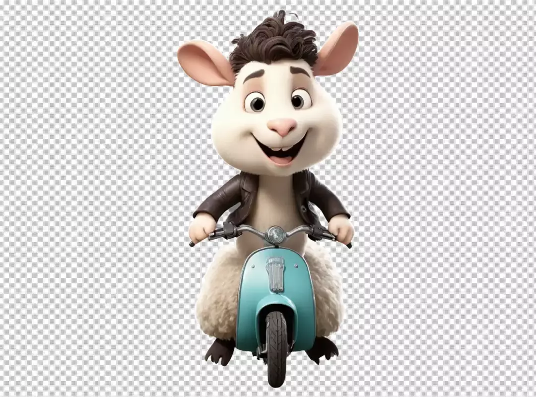 Cheerful 3D Sheep Mascot Joyfully Riding a Stylish Vintage Blue Scooter