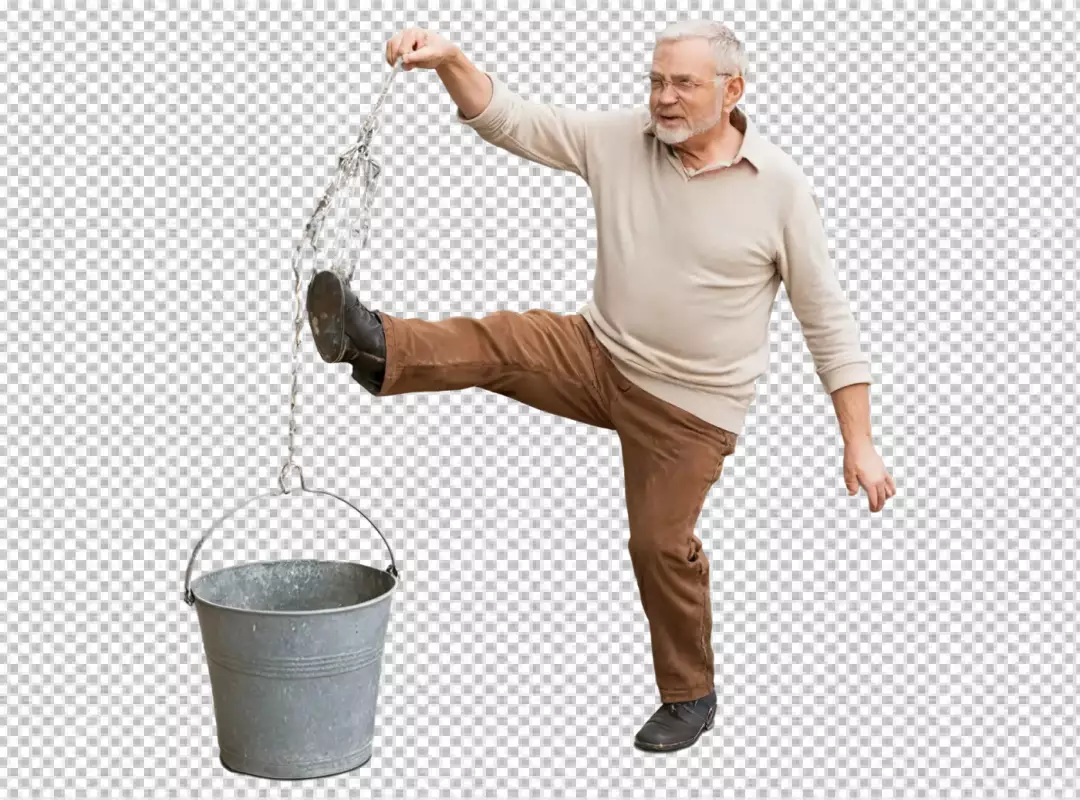 Senior Man Balancing Metal Bucket with Foot and Rope, Demonstrating Effort and Skill
