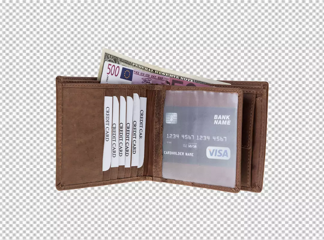 Brown Leather Wallet Displaying Credit Cards and Various International Currencies