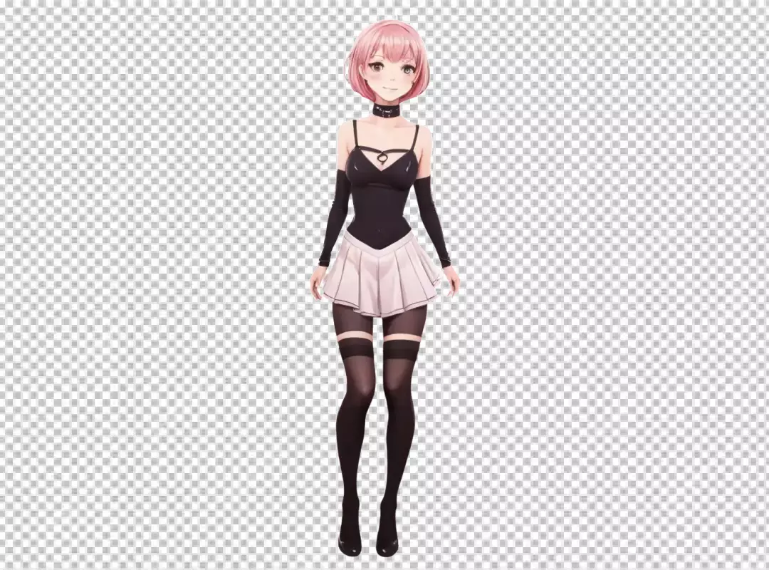 Charming Anime Girl with Short Pink Hair and Modern Black and White Fashion Style