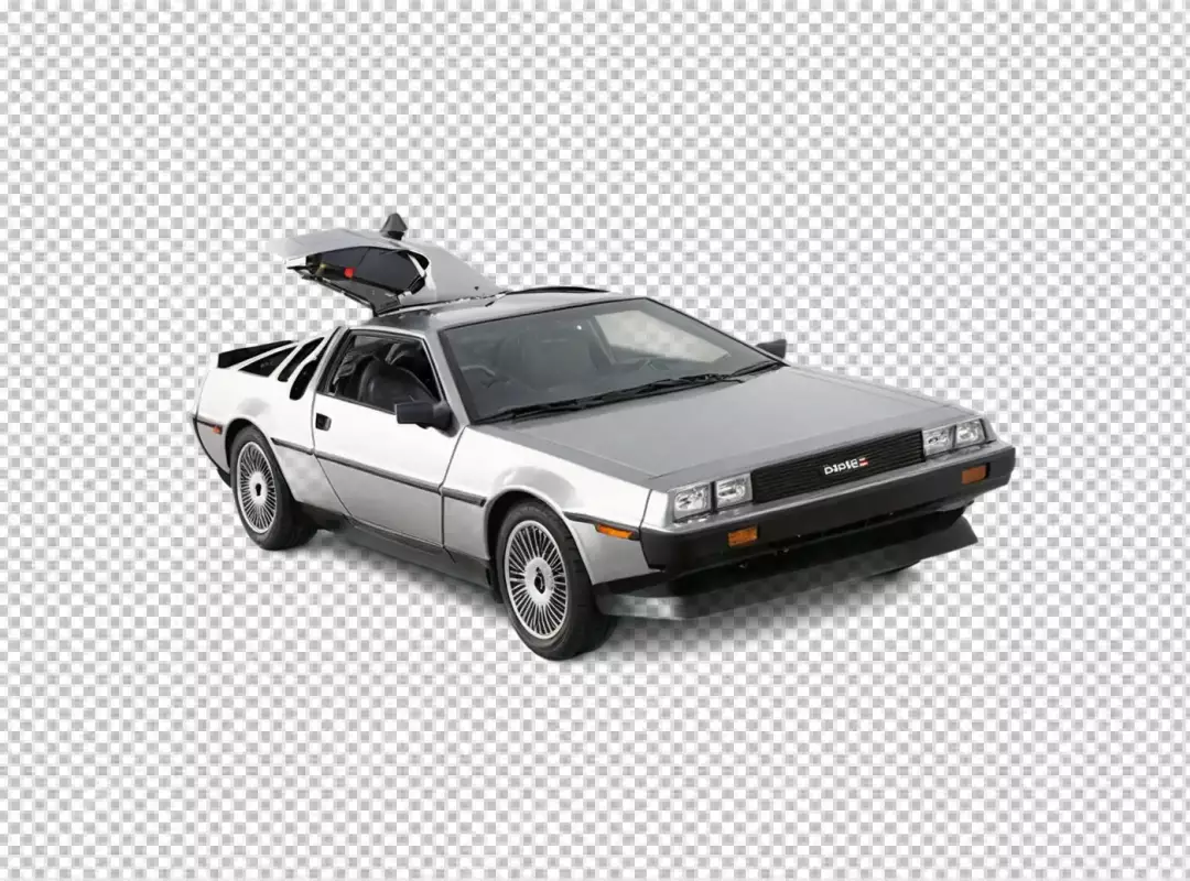 Iconic DeLorean DMC-12 Silver Sports Car with Open Gull-Wing Door Ready for Adventure