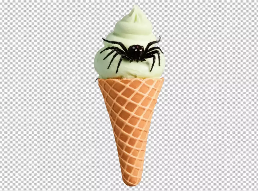Spooky Green Ice Cream Cone Topped with a Realistic Black Spider for Halloween