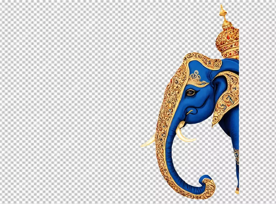 Majestic Blue Elephant with Golden Embellishments and Regal Crown on White Background