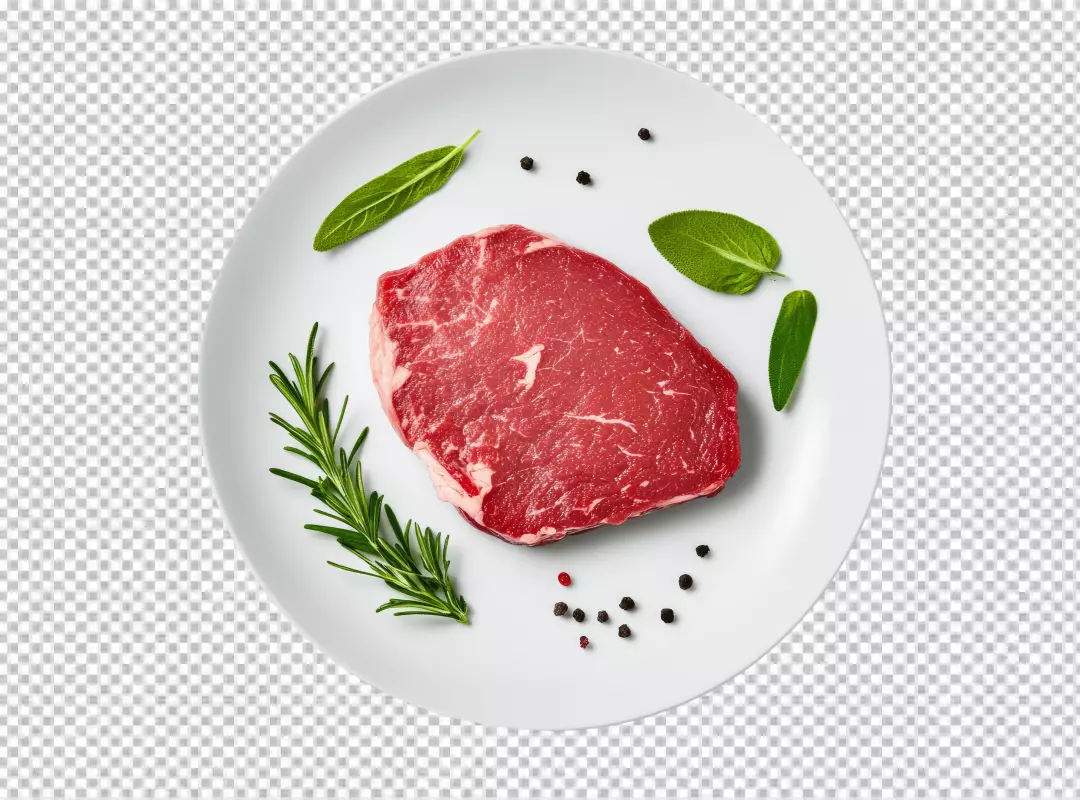 Delicious Raw Steak with Rosemary and Sage on White Plate Ready for Cooking