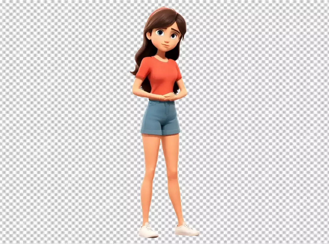 3D Animated Young Woman in Casual Summer Outfit Standing Thoughtfully on White Background